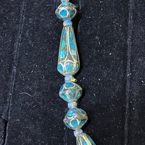 Vintage Blue Mosaic Beaded Necklace With Circular Pendant & Toggle Clasp - Picture 9 of 13